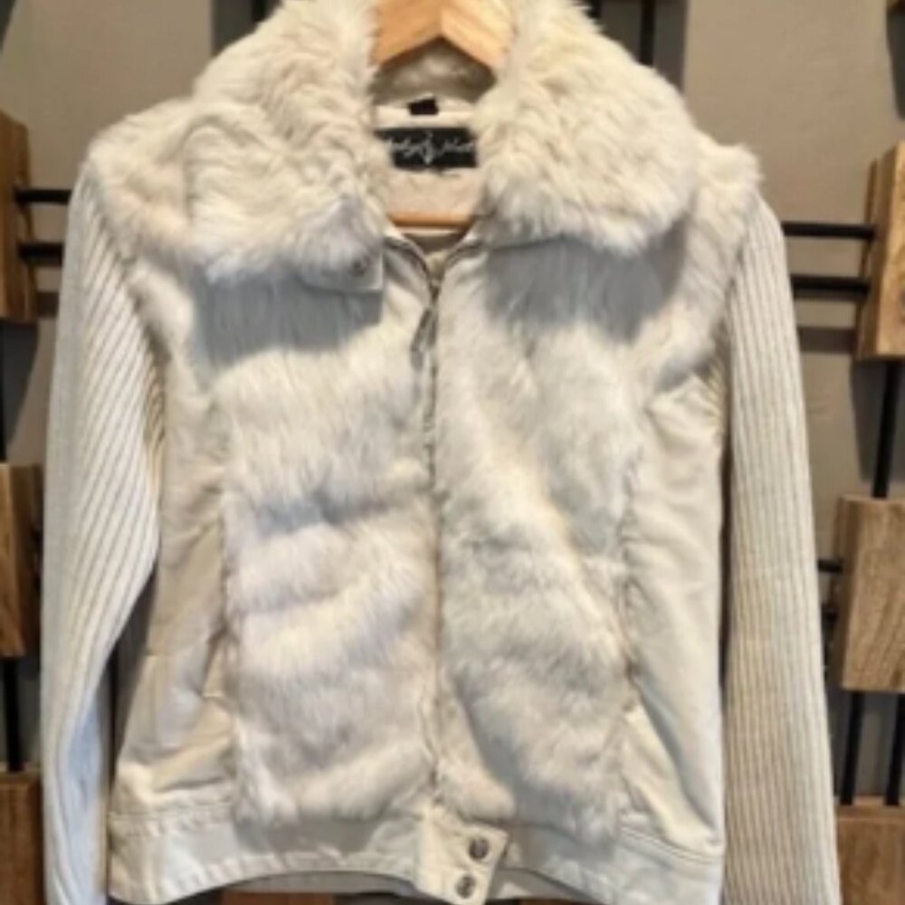 Vintage BABY PHAT Classic Rabbit Fur & Leather Sweater Jacket SzS Soft Retro Y2K